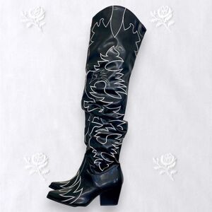 NEW Iconic Slouchy Vampy Black White Faux Leather Over The Knee Cowboy Boots 11